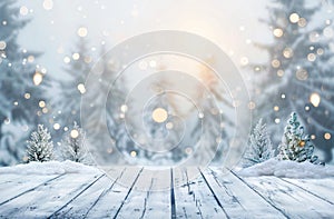 Abstract blurred background with a white wooden table top and a winter forest landscape with bokeh lights