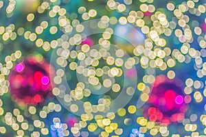 Abstract blurred colorful Christmas tree lighting decoration with bokeh background. Defocused of decorated and illuminated christm