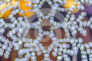 Abstract blurred colorful Christmas tree lighting decoration with bokeh background. Defocused of decorated and illuminated christm