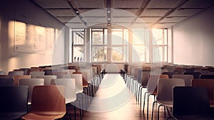 Abstract blurred empty interior space of college or university study. Blurred classroom with bookshelves with defocus effect. use