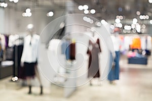 Abstract blurred of fashion clothes shop boutique interior in shopping mall, with bokeh light background. Blurred image of