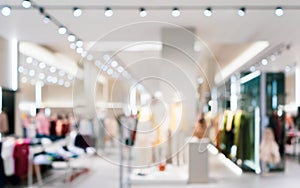 Abstract blurred of fashion clothes shop boutique interior in shopping mall, with bokeh light background. Blurred image of photo