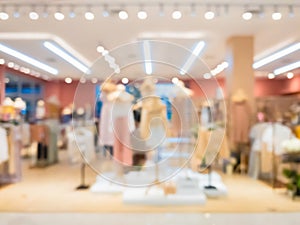 Abstract blurred of fashion clothes shop boutique interior in shopping mall, with bokeh light background. Blurred image of photo