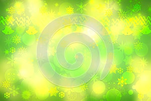 Abstract blurred festive light green yellow white winter christmas or Happy New Year background texture with yellow bokeh circles