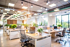 Abstract Blurred Image of Modern Office with Soft Light for Background Usage. Blur Office Workplace Interior Background Design photo