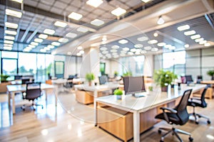 Abstract Blurred Image of Modern Office with Soft Light for Background Usage. Blur Office Workplace Interior Background Design photo