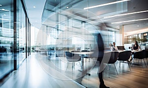 Abstract blurred interior shot of a modern office building with motion blur of business people