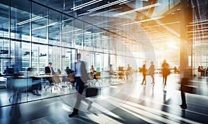 Abstract blurred interior shot of a modern office building with motion blur of business people