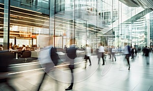 Abstract blurred interior shot of a modern office building with motion blur of business people