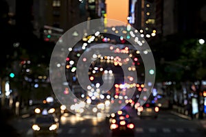 Abstract blurred lights of a busy night street scene in New York City