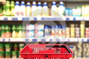 Abstract blurred photo of store with basket in department store bokeh background. business concept.