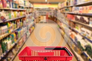 Abstract blurred photo of store with basket in department store bokeh background. business concept