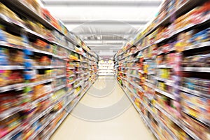 Abstract blurred photo of store in department store, Empty supermarket aisle