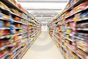 Abstract blurred photo of store in department store, Empty supermarket aisle photo