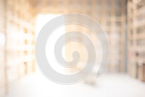 Abstract blurred public library interior. Blurry room perspective with decorative shelves