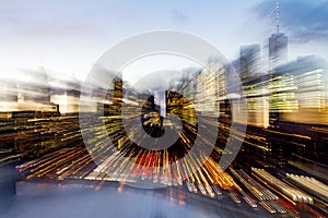 Abstract blurred skyline of New York City lights at dusk