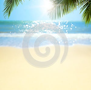 Abstract blurred summertime vacation background; sunny tropical beach with palm tree and sea waves