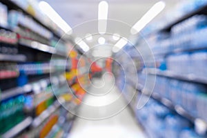 Abstract blurred supermarket grocery store and refrigerators in department store.,Consumer products goods on shelf, Category of