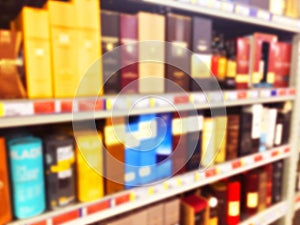 Abstract blurred supermarket store and refrigerators in department store. Interior shopping mall defocused background. Business fo
