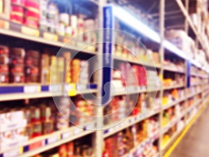 Abstract blurred supermarket store and refrigerators in department store. Interior shopping mall defocused background. Business fo