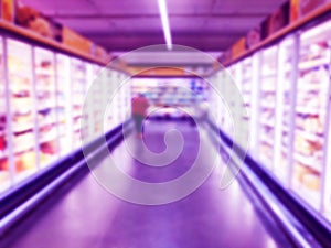 Abstract blurred supermarket store and refrigerators in department store. Interior shopping mall defocused background. Business fo