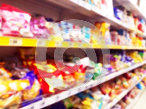 Abstract blurred supermarket store and refrigerators in department store. Interior shopping mall defocused background. Business fo