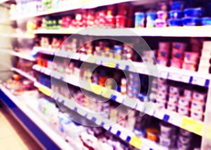 Abstract blurred supermarket store and refrigerators in department store. Interior shopping mall defocused background. Business fo