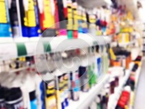 Abstract blurred supermarket store and refrigerators in department store. Interior shopping mall defocused background. Business fo