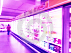 Abstract blurred supermarket store and refrigerators in department store. Interior shopping mall defocused background. Business fo