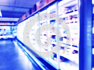 Abstract blurred supermarket store and refrigerators in department store. Interior shopping mall defocused background. Business fo