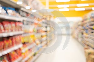 Abstract blurred supermarket view of empty supermarket aisle, defocused blurry background with bokeh light in store. Business