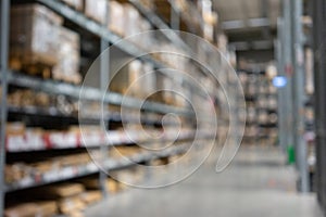 Abstract blurred supermarket view of empty supermarket aisle, defocused blurry background with bokeh light in store. Business