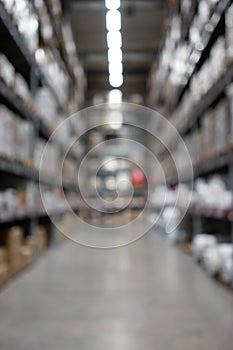 Abstract blurred supermarket view of empty supermarket aisle, defocused blurry background with bokeh light in store. Business