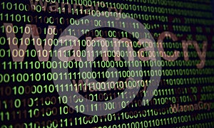 Abstract blurred Tech Digital Data Transfer Numerical continuous code in green colorwith red WannaCry words web data in binary