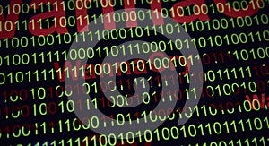 Abstract blurred Tech Digital Data Transfer Numerical continuous code in green colorwith red WannaCry words web data in binary