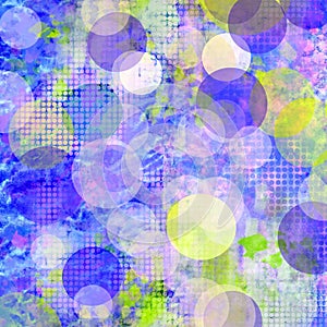 Abstract blurred texture with transparent multicolored layered soap bubbles, balloons in blue and yellow