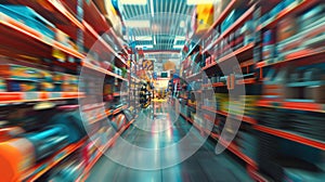 Abstract blurred view of modern hardware store interior background