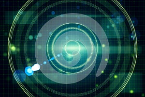 Abstract blurry dark lens or round interface background with grid and blurry bokeh circles. Space, sci fi and flare concept. 3D