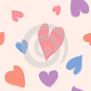 Abstract blurry heart shapes pattern. Modern colorful background with grainy texture. Noisy floating hand drawn hearts backdrop