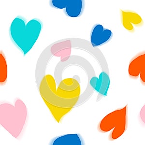 Abstract blurry heart shapes pattern. Modern colorful background with grainy texture. Noisy floating hand drawn hearts backdrop