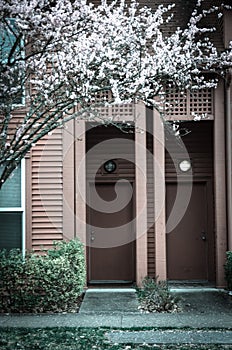 Abstract blurry porch entrance of attached townhome in suburbs Seattle, Washington, USA