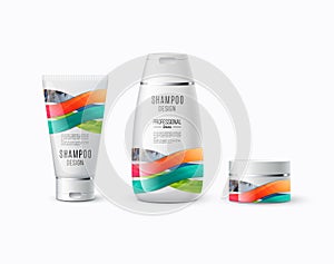 Abstract body care cosmetic brand concept. Tube cream, shampoo p