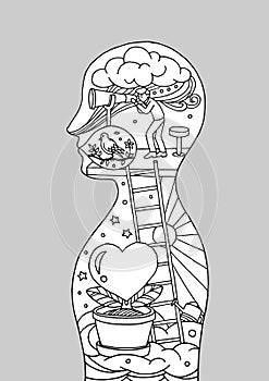 Abstract body mind soul human, world, universe inside your mind, vector hand drawn