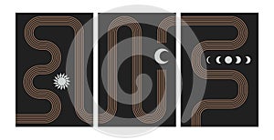 Abstract boho art posters. Contemporary line design sun stars moon phases, mid century bohemian wall decor, vector