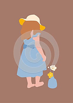 Abstract boho child portrait. Baby girl silhouette and flowers. Minimalistic vector illustration isolated on a white