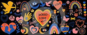 Abstract boho doodles for valentine s day big set. Heart, hands, love, rainbow, potion, speech bubble in hand drawn