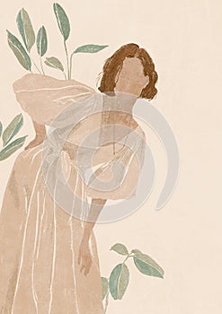 Abstract Boho Woman Portrait. Minimalist Female simple Modern Art. Pastel colors, Hand Drawn Contemporary card, logo