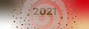 Abstract bokeh background 2021 year with gold confetti, gold typography 2021 banner. Horizontal banner, poster, header website