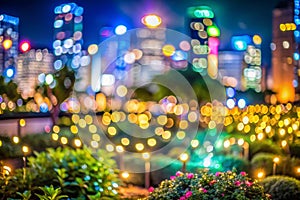 Abstract bokeh night garden in city background photo
