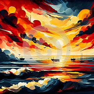 Abstract bold painting art of sunset over the sea with silhouette of boats, waves and clouds, abstraction, design, nature